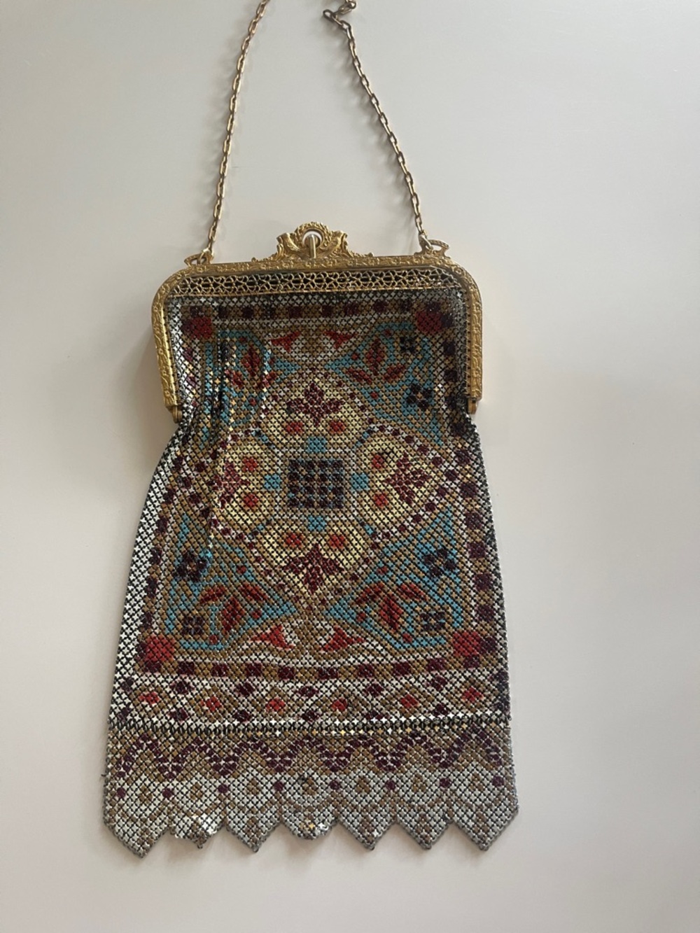 Antique 1920s Gold Mesh Evening Bag with Turquoise and Red Pattern - Picture 4 of 6